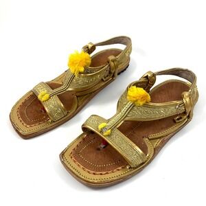 Hand made Indian gold leather pom pom sandals